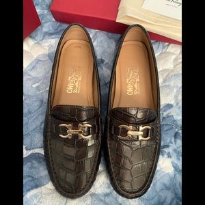 Saba Croc Embossed Leather Brown Driving Shoes